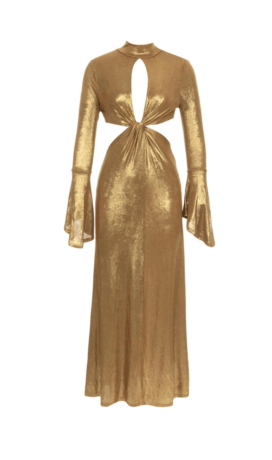 TROMPETENKLEID MIT LANGEN ÄRMELN UND TIEFEM AUSSCHNITT, GOLDENEM CUTOUT