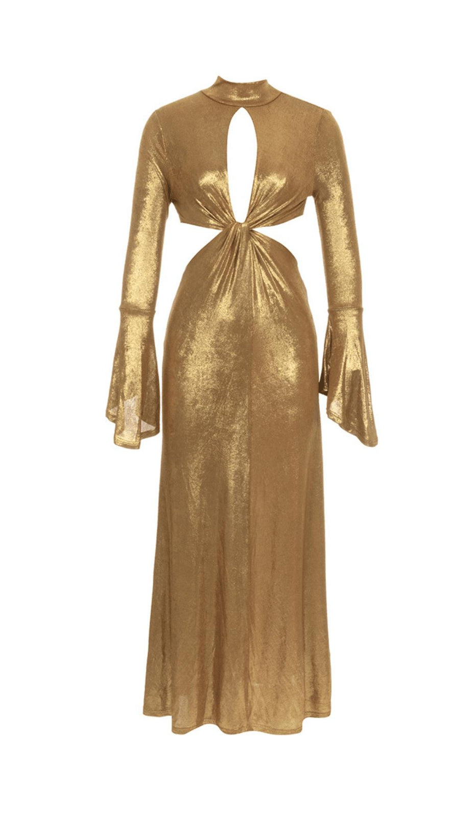 TRUMPET LONG-SLEEVE LOW-CUT CUTOUT GOLD MAXI DRESS