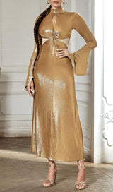 TRUMPET LONG-SLEEVE LOW-CUT CUTOUT GOLD MAXI DRESS