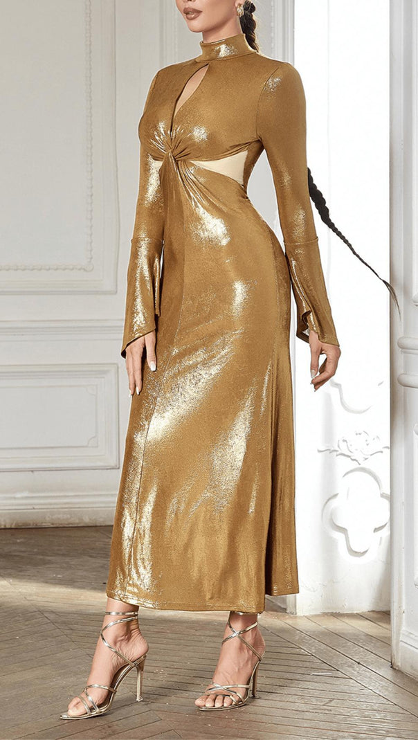 AIIZIE TRUMPET LONG-SLEEVE LOW-CUT CUTOUT GOLD MAXI DRESS - product image