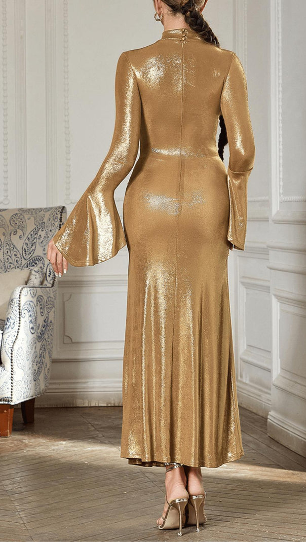 AIIZIE TRUMPET LONG-SLEEVE LOW-CUT CUTOUT GOLD MAXI DRESS - product image