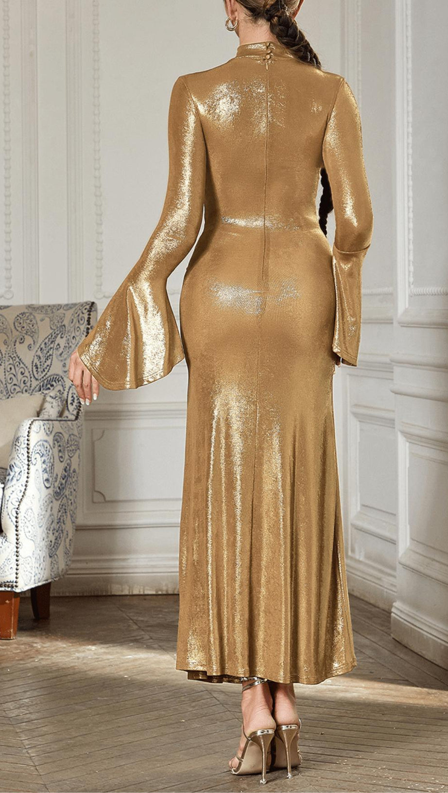 TRUMPET LONG-SLEEVE LOW-CUT CUTOUT GOLD MAXI DRESS