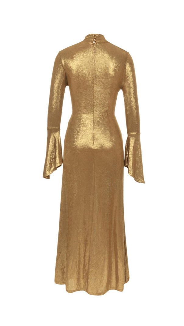 AIIZIE TRUMPET LONG-SLEEVE LOW-CUT CUTOUT GOLD MAXI DRESS - product image