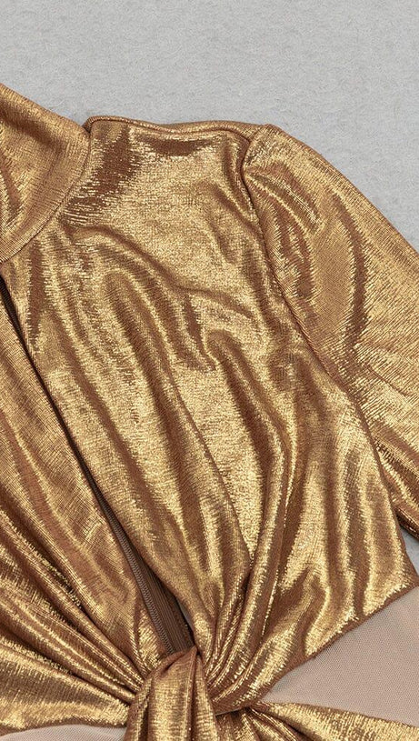 TRUMPET LONG-SLEEVE LOW-CUT CUTOUT GOLD MAXI DRESS