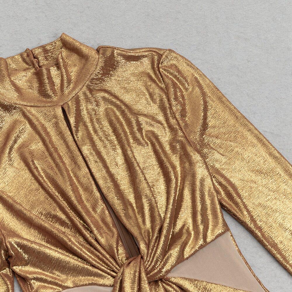 AIIZIE TRUMPET LONG-SLEEVE LOW-CUT CUTOUT GOLD MAXI DRESS - product image