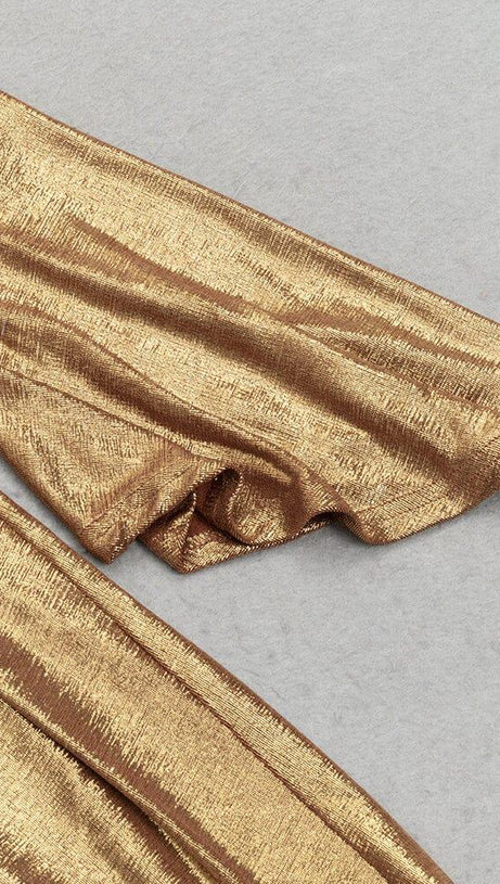 TRUMPET LONG-SLEEVE LOW-CUT CUTOUT GOLD MAXI DRESS