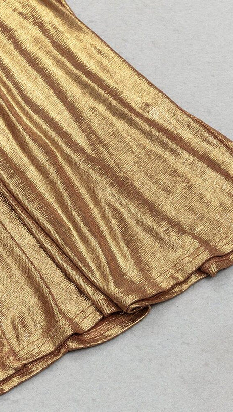 TRUMPET LONG-SLEEVE LOW-CUT CUTOUT GOLD MAXI DRESS