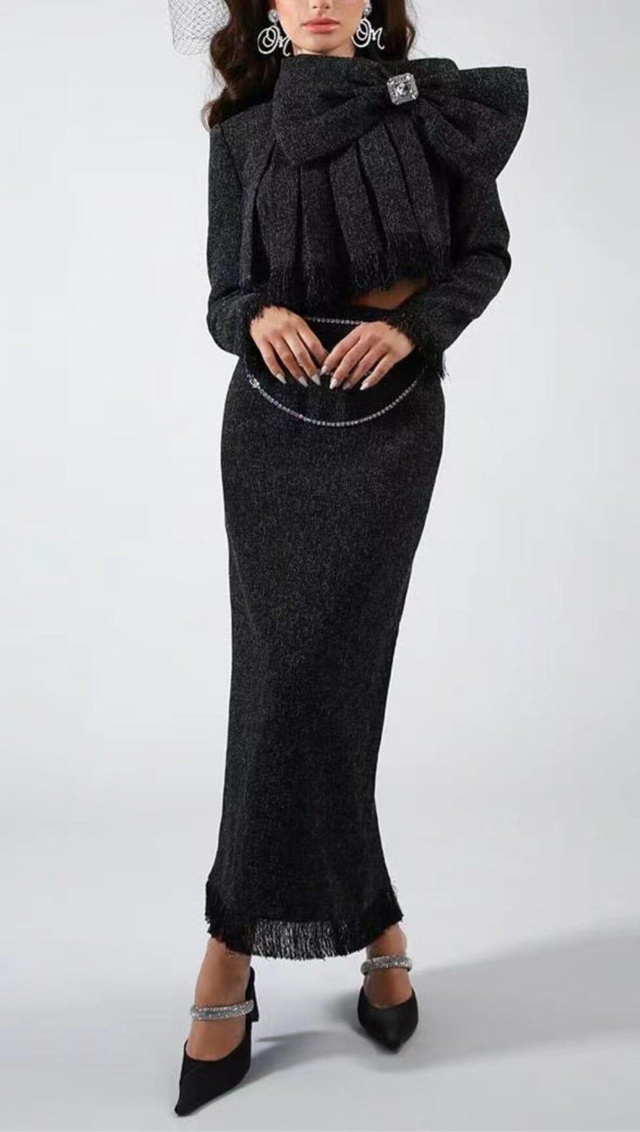 TWEED BOW EMBELLISHED SET IN BLACK