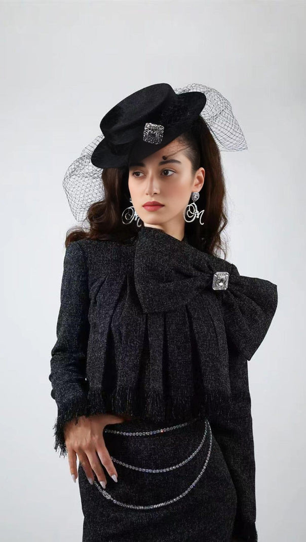 AIIZIE TWEED BOW EMBELLISHED SET IN BLACK - product image