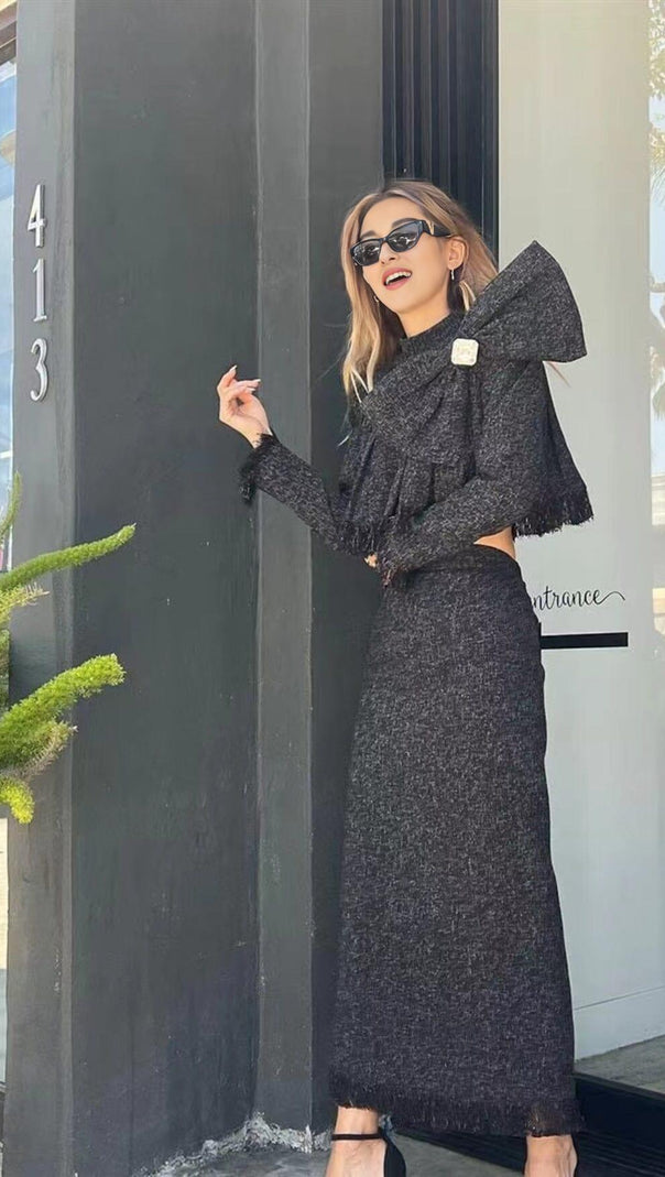 AIIZIE TWEED BOW EMBELLISHED SET IN BLACK - product image