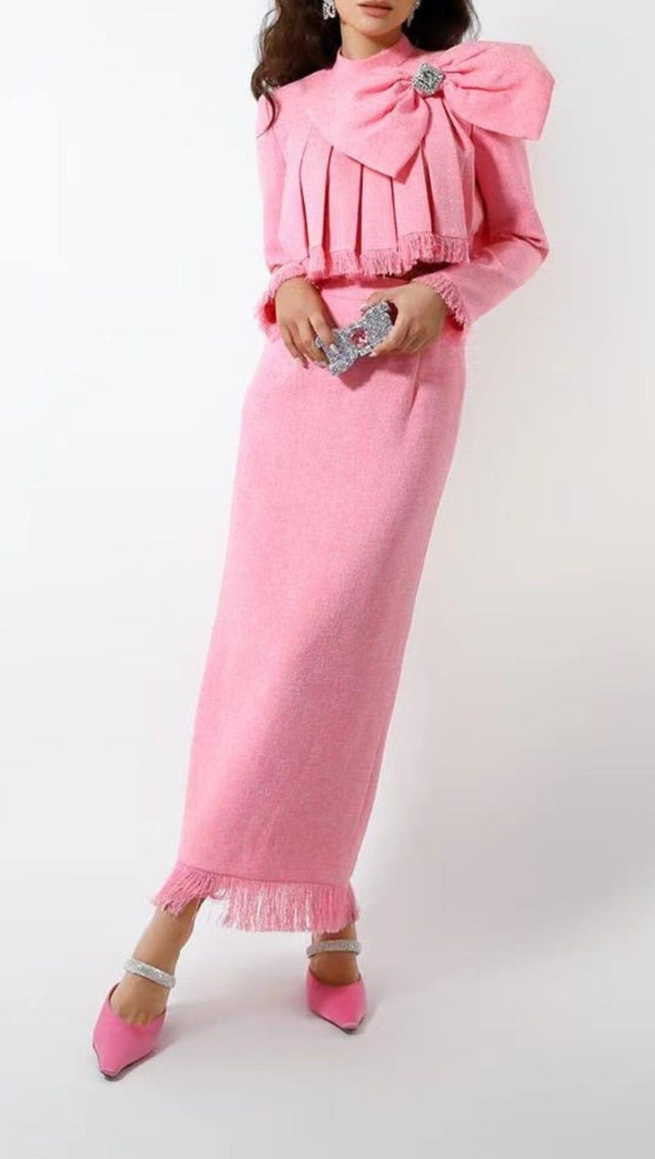 TWEED-SET MIT SCHLEIFE IN ROSA