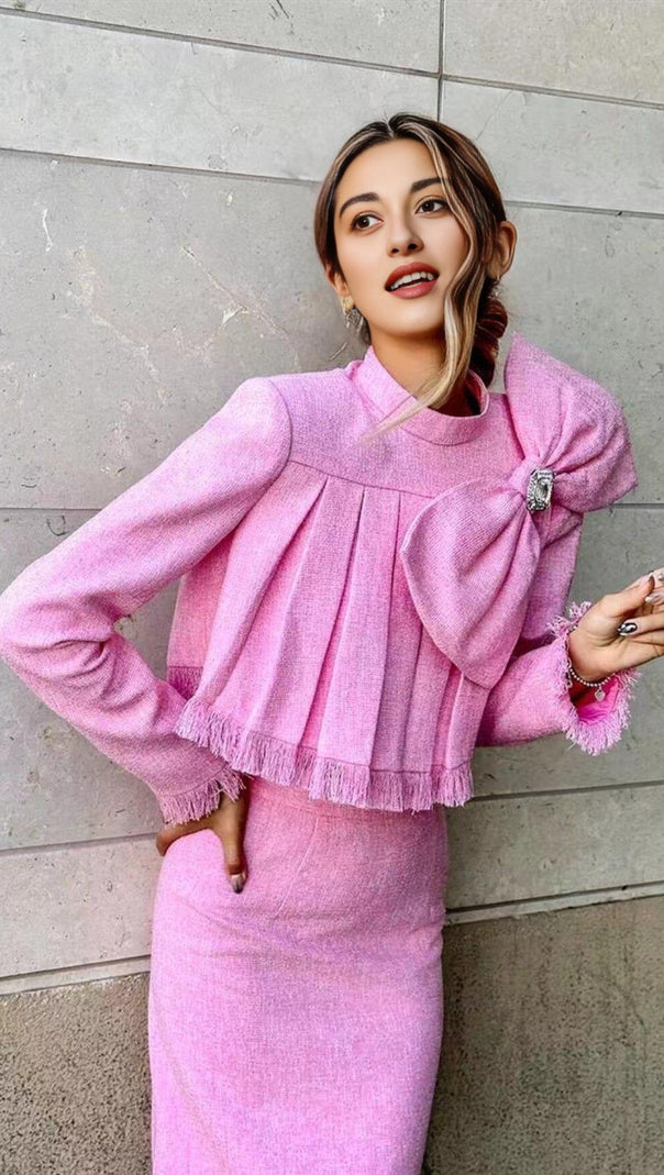 AIIZIE TWEED BOW EMBELLISHED SET IN PINK - product image