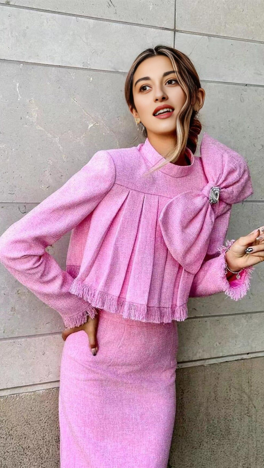 TWEED-SET MIT SCHLEIFE IN ROSA