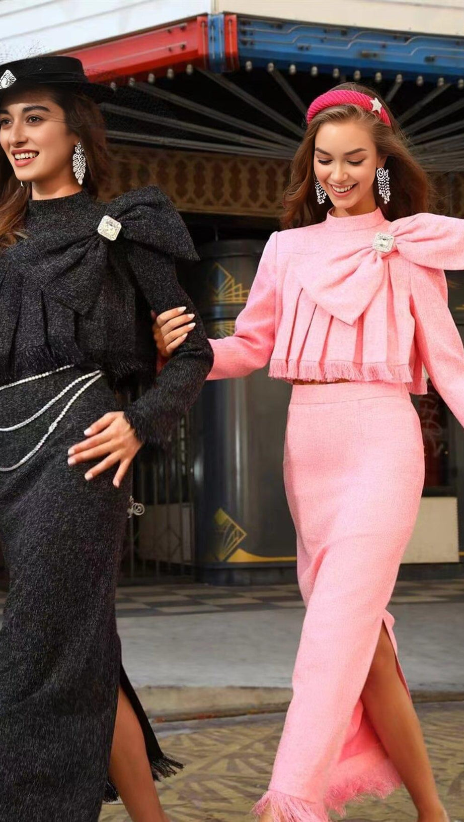 TWEED-SET MIT SCHLEIFE IN ROSA