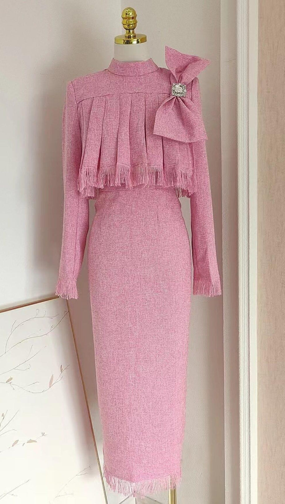 TWEED-SET MIT SCHLEIFE IN ROSA