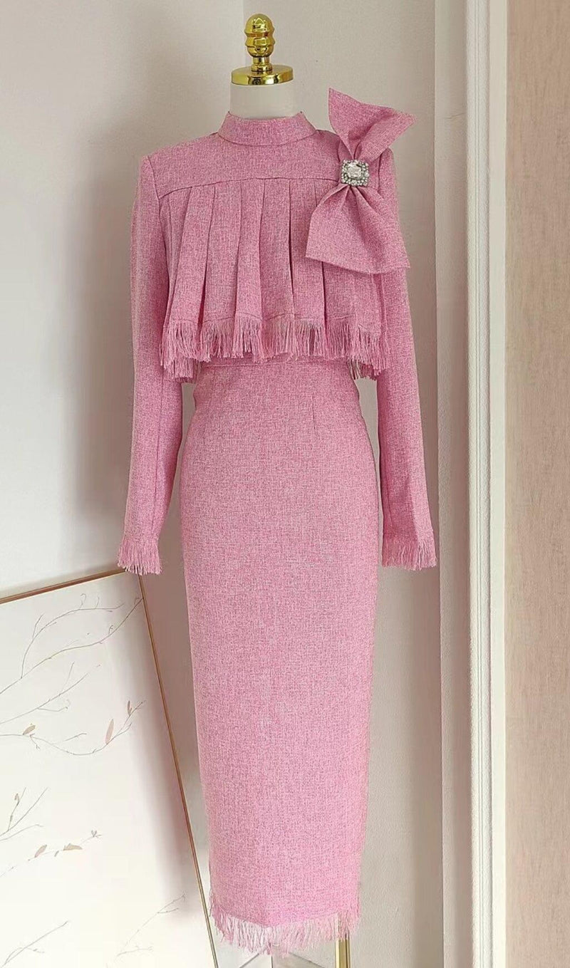 TWEED BOW EMBELLISHED SET IN PINK