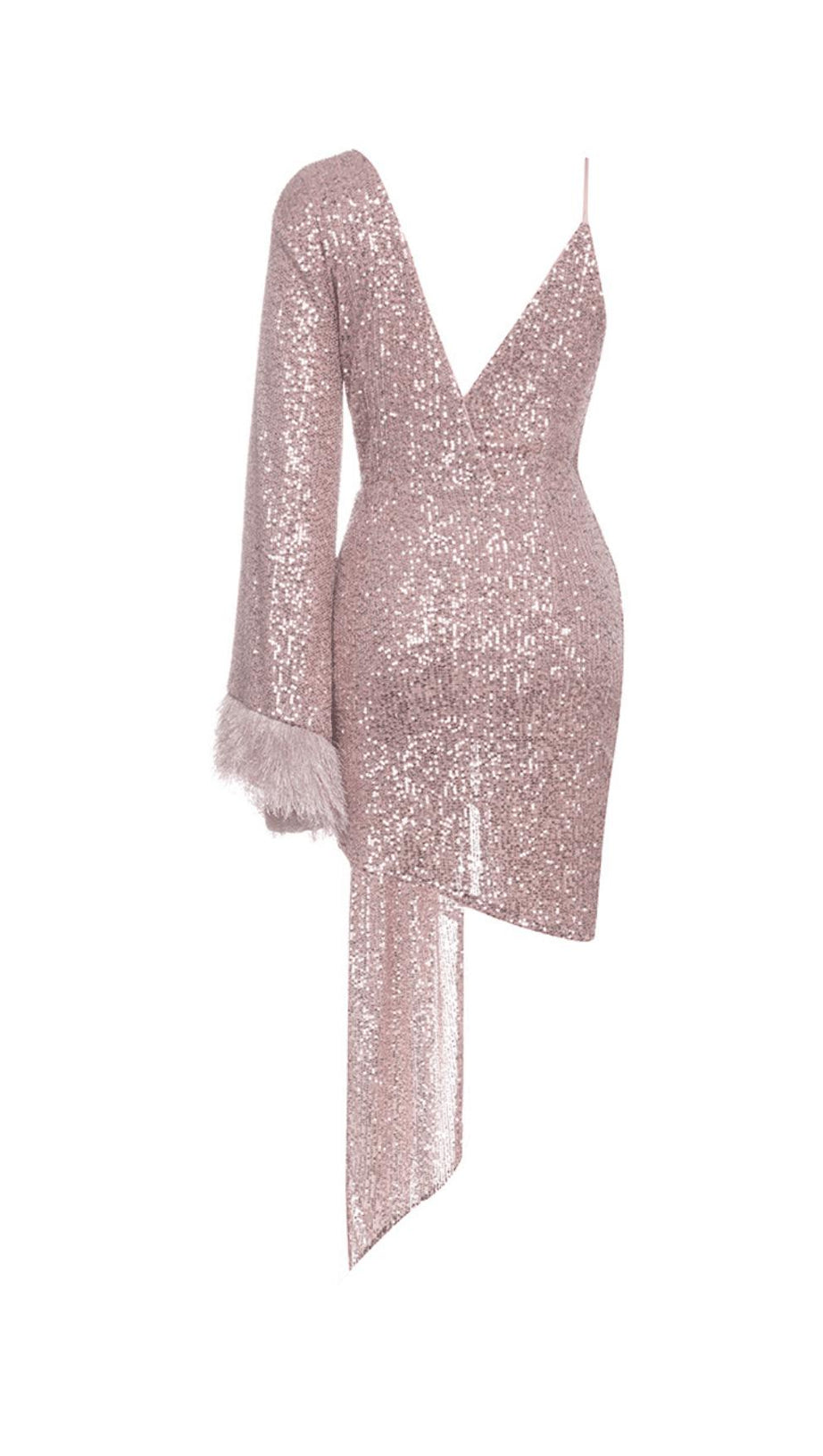 V-TIEF AUSGESCHNITTENES, LANGÄRMLIGES MINIKLEID MIT PLISSEE UND SCHLITZ