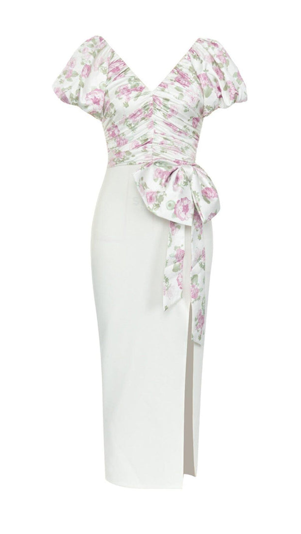 AIIZIE V-NECK PRINTED PUFF SLEEVES GATHERED BOW DRESS - product image