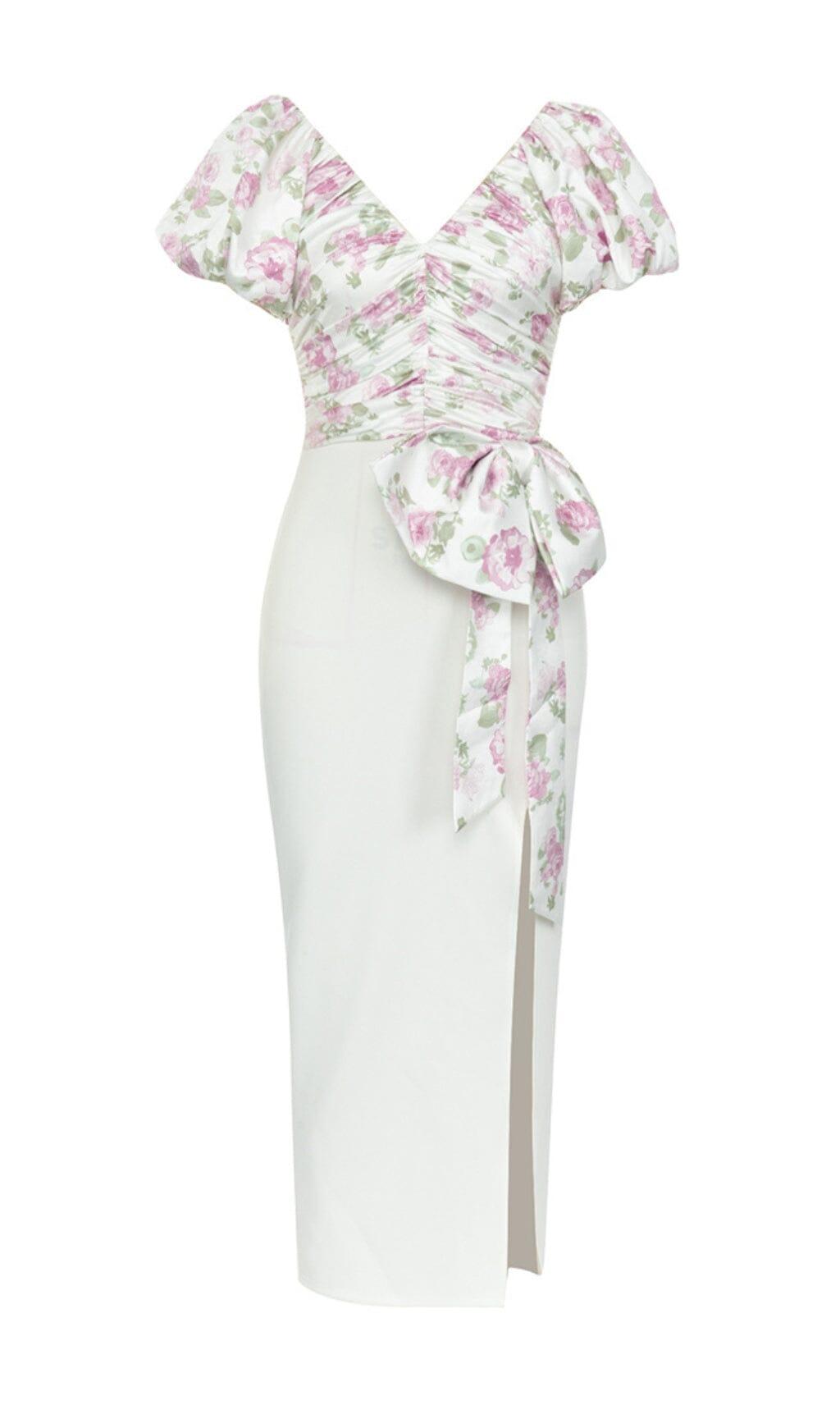 Kleid mit V-Ausschnitt, bedruckten PUFFÄRMELN und geraffter Schleife