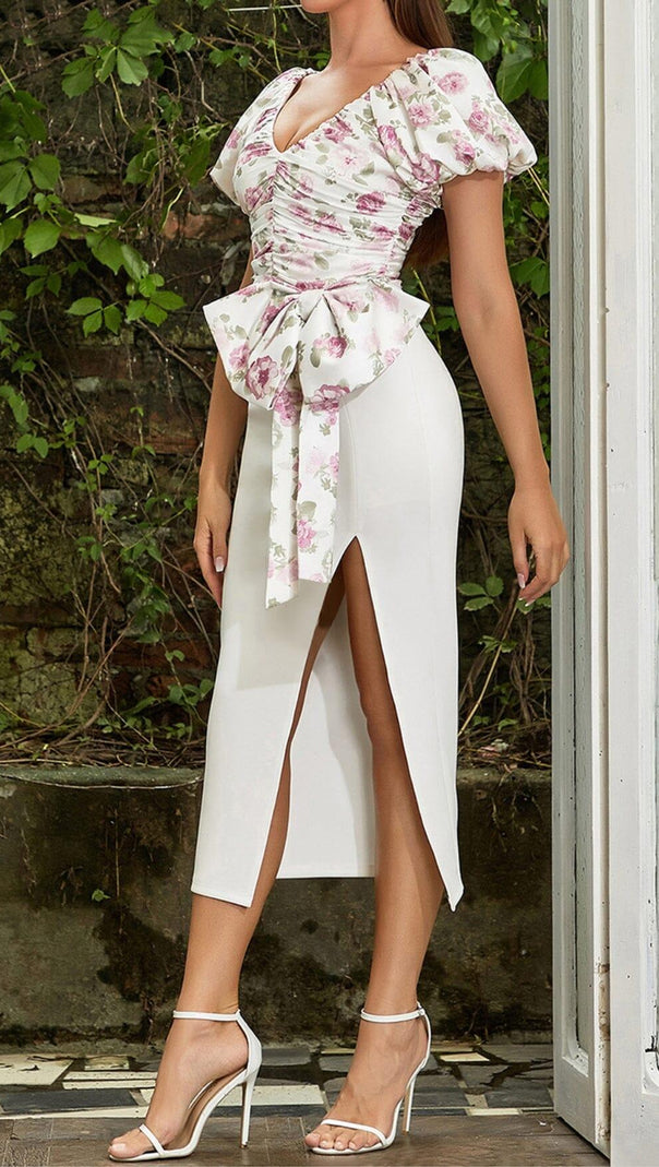 AIIZIE V-NECK PRINTED PUFF SLEEVES GATHERED BOW DRESS - product image