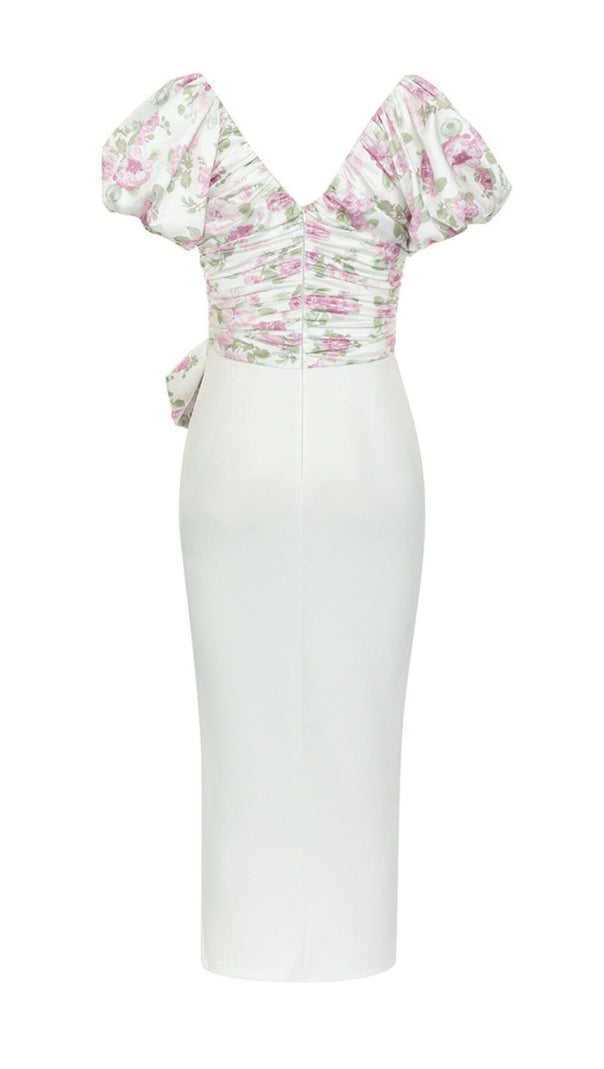 AIIZIE V-NECK PRINTED PUFF SLEEVES GATHERED BOW DRESS - product image