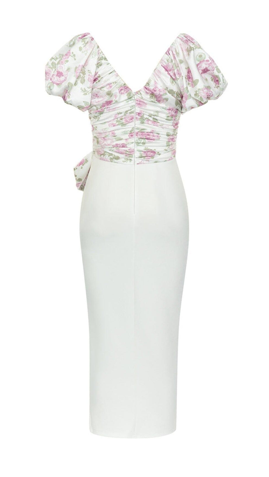 Kleid mit V-Ausschnitt, bedruckten PUFFÄRMELN und geraffter Schleife