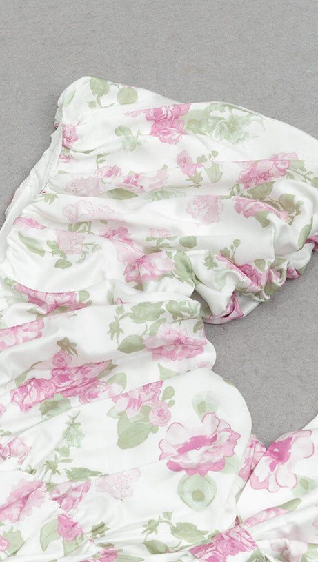 Kleid mit V-Ausschnitt, bedruckten PUFFÄRMELN und geraffter Schleife