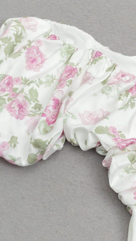 Kleid mit V-Ausschnitt, bedruckten PUFFÄRMELN und geraffter Schleife