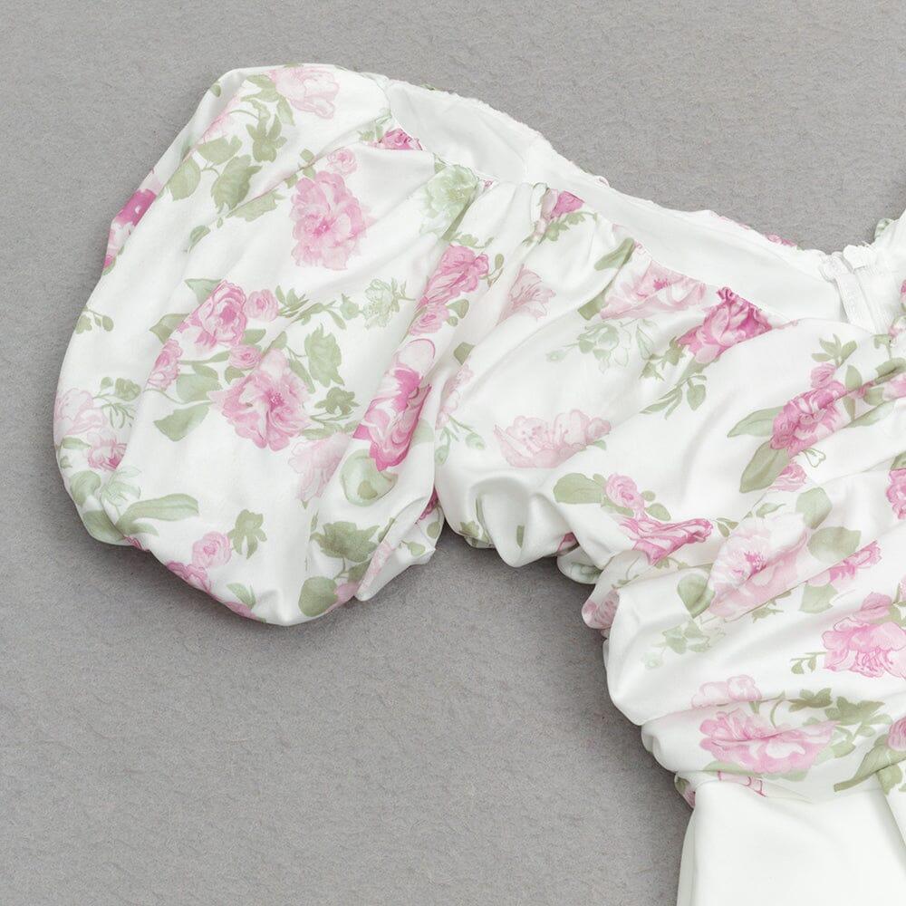 AIIZIE V-NECK PRINTED PUFF SLEEVES GATHERED BOW DRESS - product image