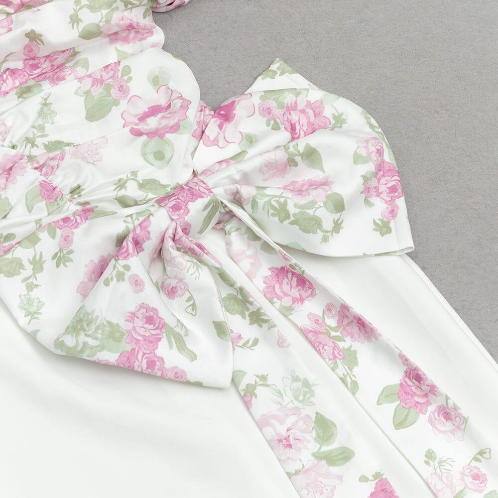 AIIZIE V-NECK PRINTED PUFF SLEEVES GATHERED BOW DRESS - product image