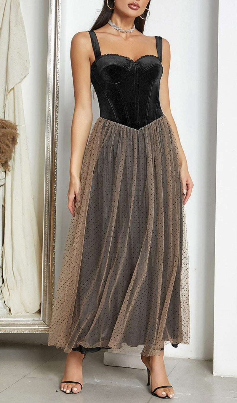 VELVET CORSET MESH MAXI DRESS