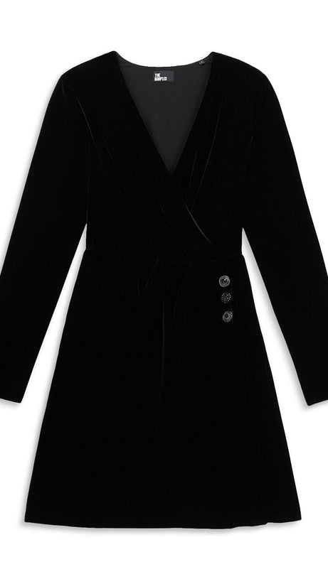 VELVET FAUX WRAP MINI DRESS