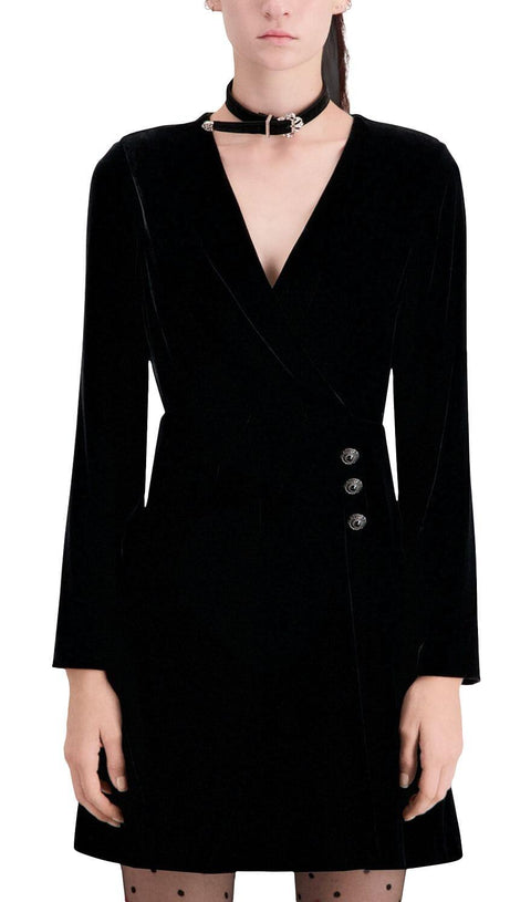 VELVET FAUX WRAP MINI DRESS