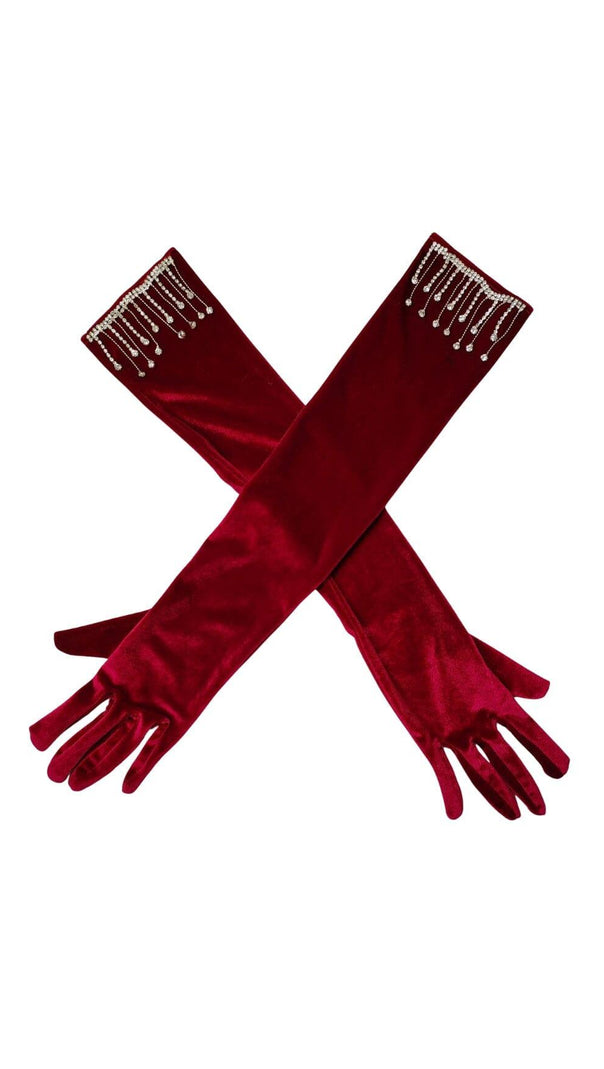 AIIZIE VELVET RHINESTONES LONG GLOVES WITH FRINGE - product image