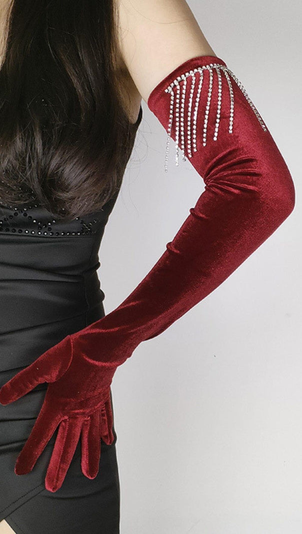 AIIZIE VELVET RHINESTONES LONG GLOVES WITH FRINGE - product image