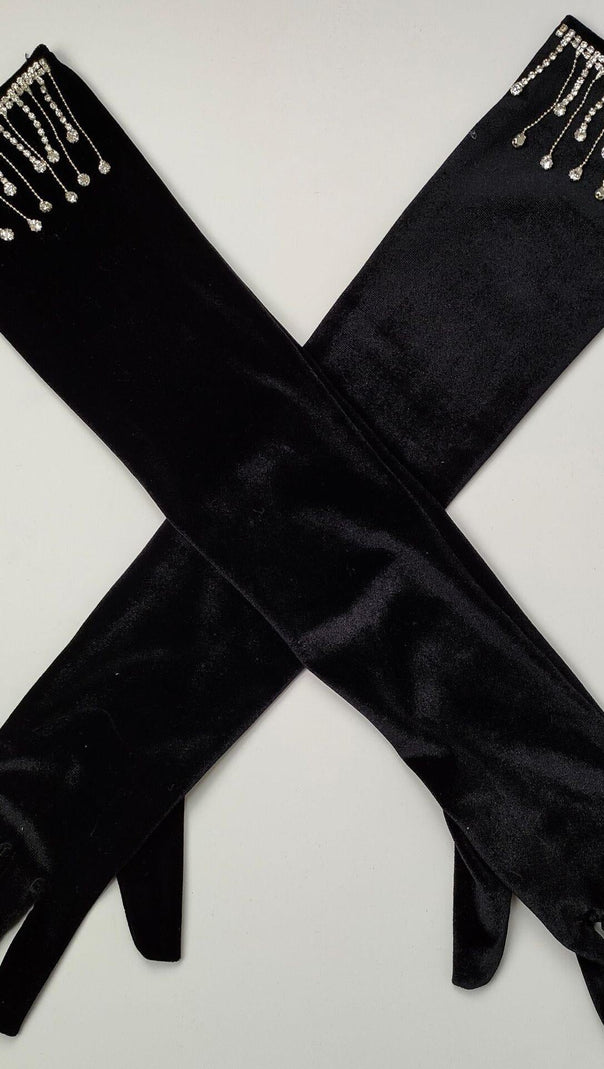 AIIZIE VELVET RHINESTONES LONG GLOVES WITH FRINGE - product image