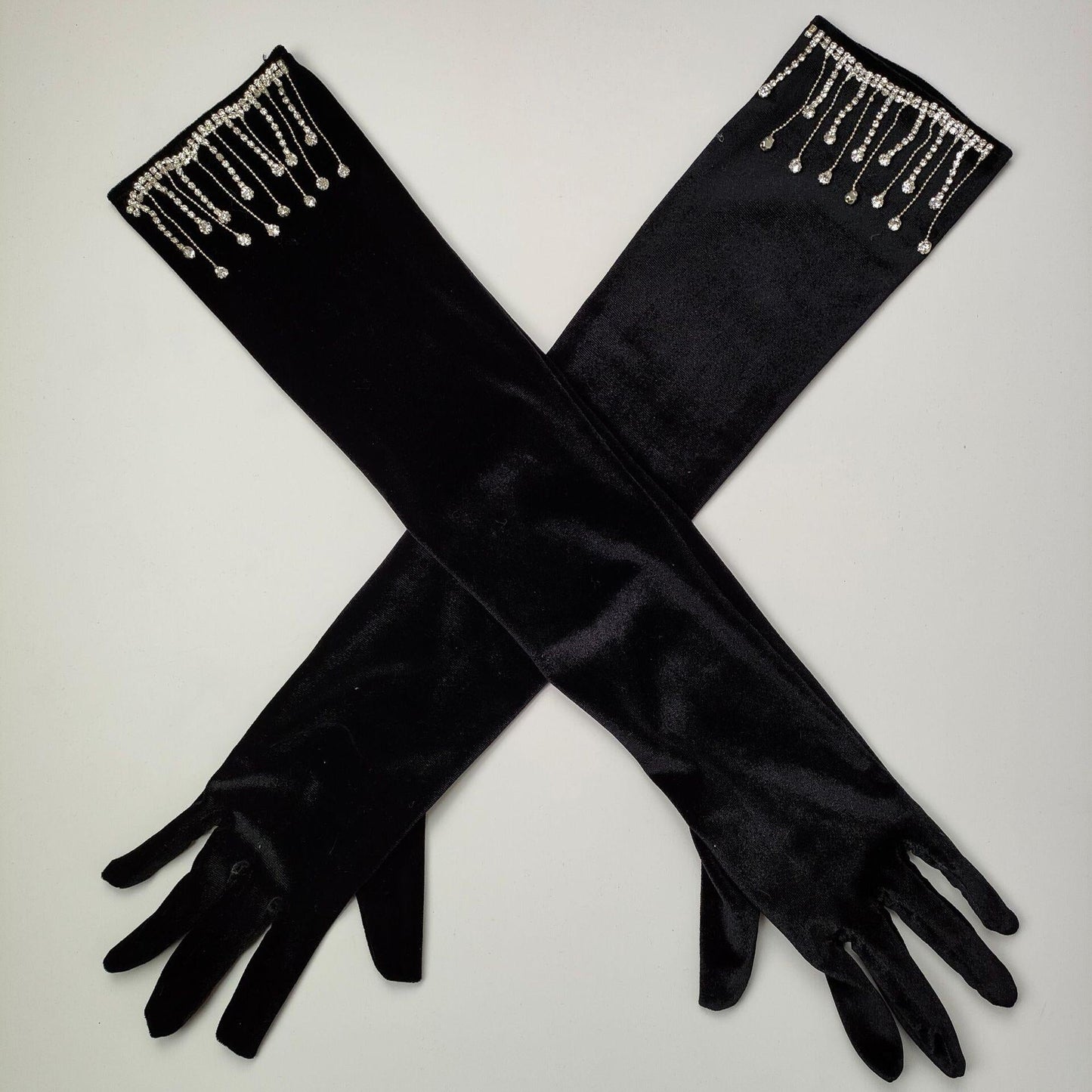 AIIZIE VELVET RHINESTONES LONG GLOVES WITH FRINGE - product image