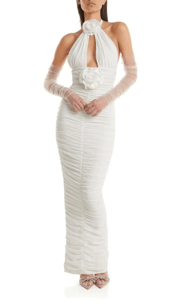 AIIZIE WHITE 3D FLORAL HALTER BANDAGE MAXI DRESS - product image