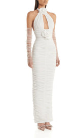 WHITE 3D FLORAL HALTER BANDAGE MAXI DRESS