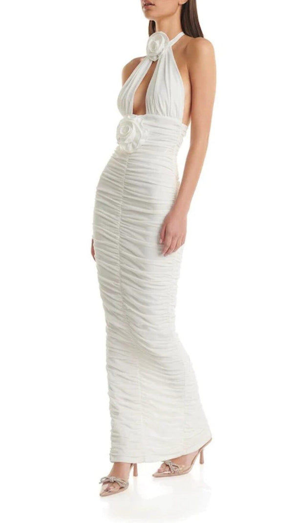 AIIZIE WHITE 3D FLORAL HALTER BANDAGE MAXI DRESS - product image