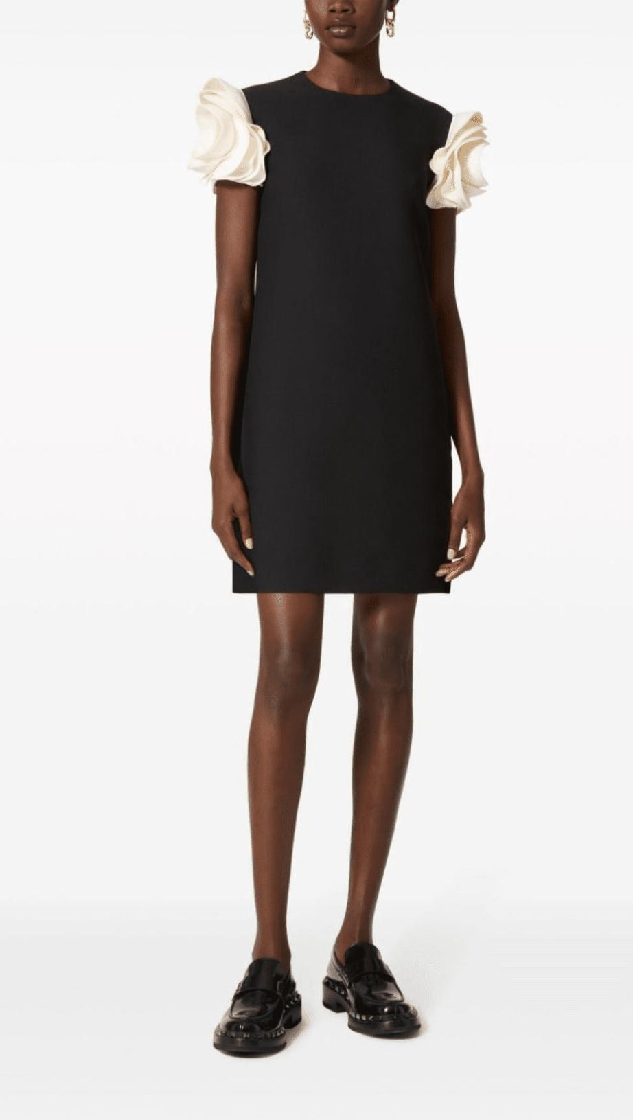 Weißes, kurzärmliges Crêpe-Minikleid mit 3D-Blumenmuster