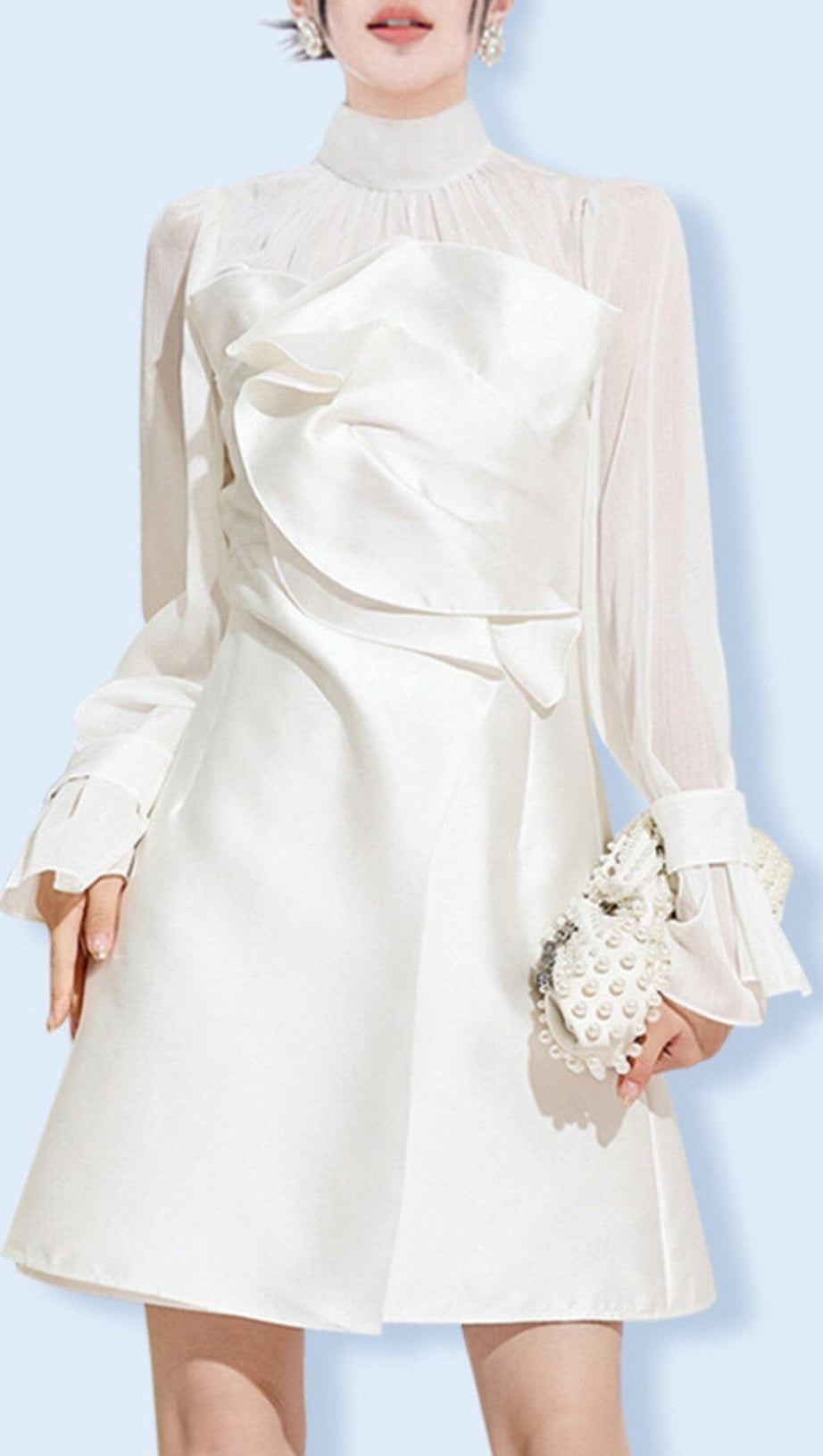 WHITE MESH LONG SLEEVE MINI DRESS