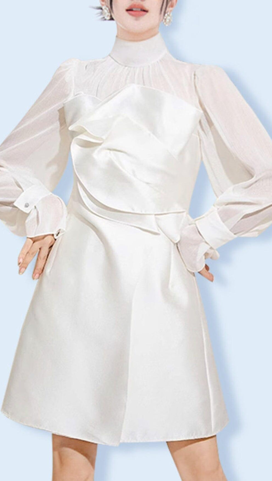 WHITE MESH LONG SLEEVE MINI DRESS