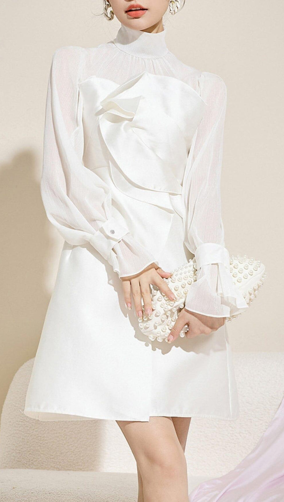 WHITE MESH LONG SLEEVE MINI DRESS