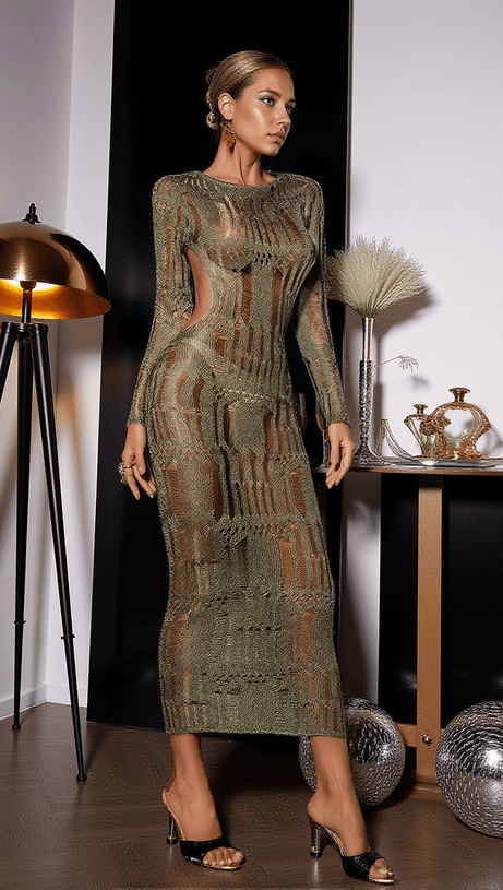 ARLO BACKLESS HOLLOW KNITTED DRESS IN GREEN
