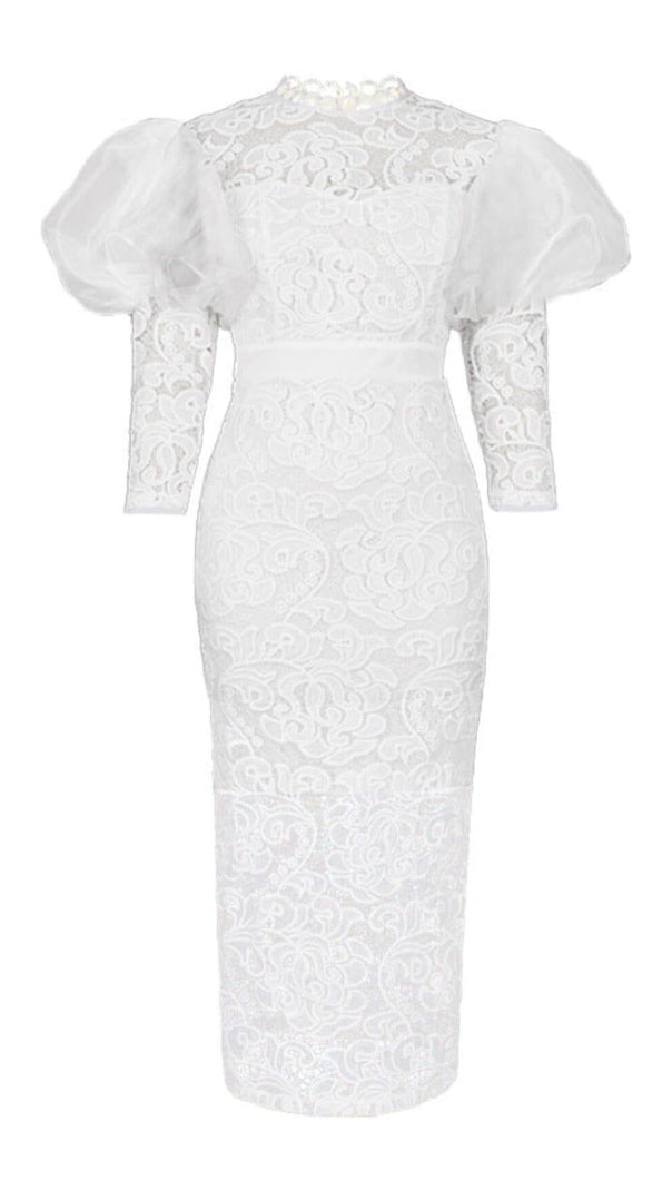 AIIZIE WHITE PUFF SLEEVE LACE MIDI DRESS - product image