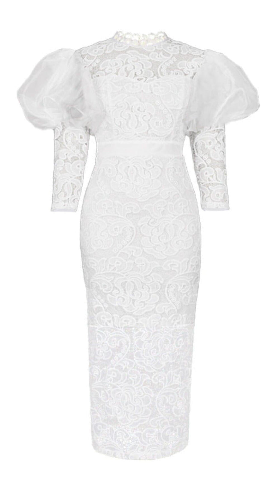ABITO MIDI IN PIZZO BIANCO CON MANICHE A SBUFFO