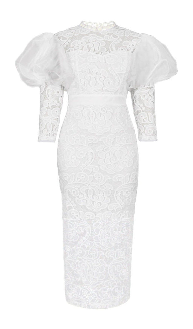 WHITE PUFF SLEEVE LACE MIDI DRESS