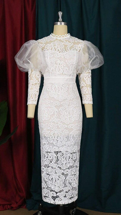 WHITE PUFF SLEEVE LACE MIDI DRESS