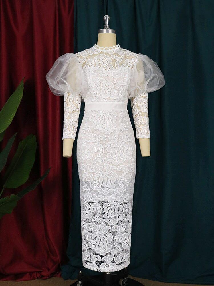 AIIZIE WHITE PUFF SLEEVE LACE MIDI DRESS - product image